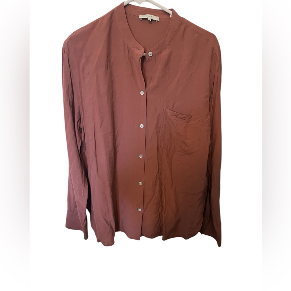 Vince single pocket band collar long sleeve viscose blouse brown NWT sz Lg $295